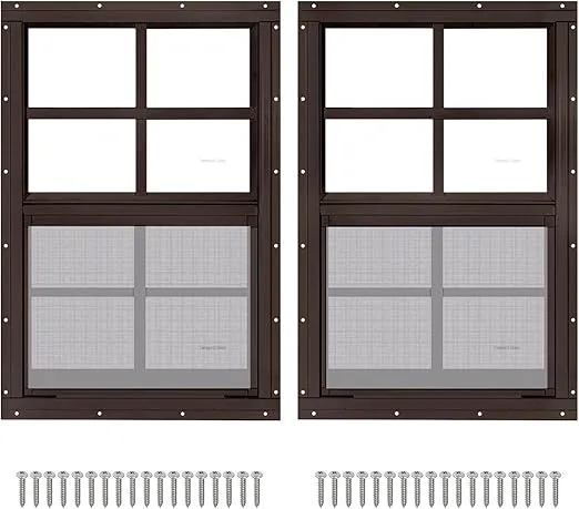 2 Pack 14" x 21" Brown Shed Window with Tempered Glass and Fiberglass Screen Household Sliding Windows with Screws for Shed, Chicken Coop, Playhouse, Garage and Barns