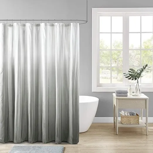 Madison Park Ara Shower Curtain, Seersucker Design Ombre Print, Modern Bathroom Decor, Machine Washable, Fabric Privacy Screen, 72x72, Grey