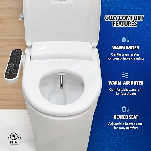 BM-4001 Round Bidet Toilet Seat, Smart Heated Seat, Air Dryer, Warm Water & Pressure Control, Self-Cleaning, Child & Eco Mode, Self Cleaning -SS Spray Nozzle with Massage, Soft Close Lid