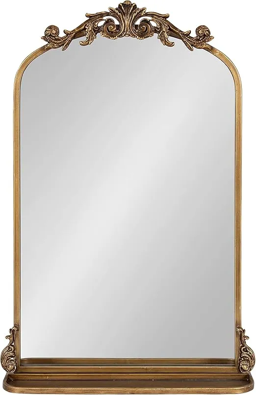 Kate and Laurel Arendahl Traditional Vintage Arch Mirror with Shelf, 21 x 32, Gold, Baroque Antique Arched Wall Mirror with Functional Shelf and Ornate Frame