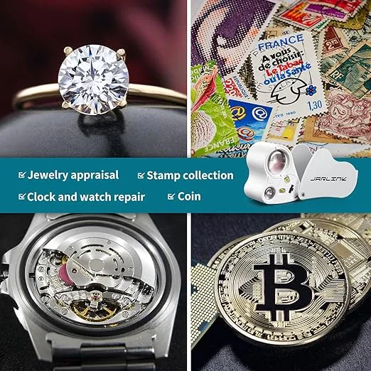 JARLINK 30X 60X Illuminated Jewelers Loupe Magnifier, Foldable Jewelry Magnifier with Bright LED Light for Gems, Jewelry, Coins, Stamps, etc