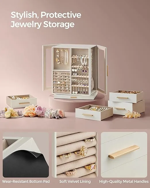 SONGMICS Jewelry Box 360° Rotating, Jewelry Storage Case with 5 Drawers, Jewelry Organizer, Glass Window, Spacious, Vertical Jewelry Storage, Open Design, Christmas Gift, Cloud White UJBC170W01