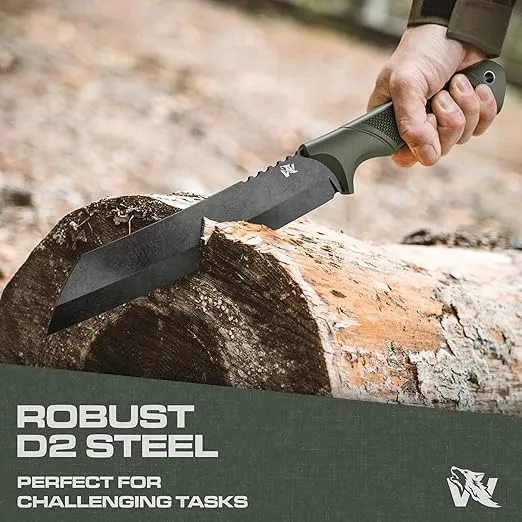 W Machete - Survival Machete Full Tang with Sheath - Strong D2 Steel Knife Machete for Cutting Trees, for Yard Work, and for Bushcrafting and Big Tactical Knife with TPE-Handle