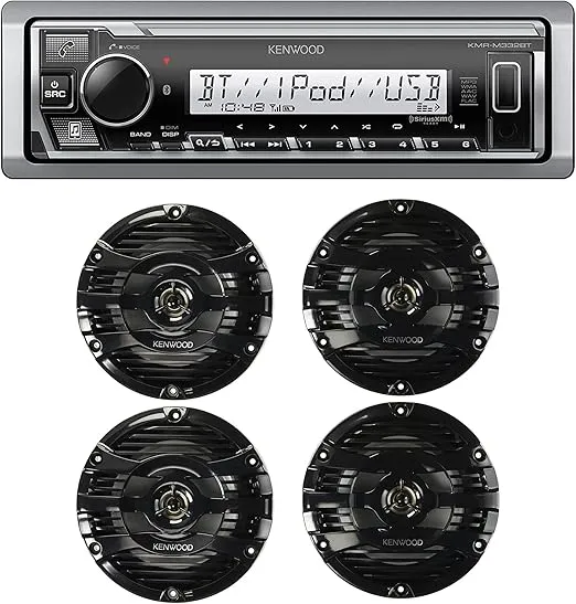 Kenwood KMR-M332BT Car & Marine Stereo | Plus 2X KFC-1653MRB 6.5" Black Marine 2 Way Speakers 150 Watts Pairs