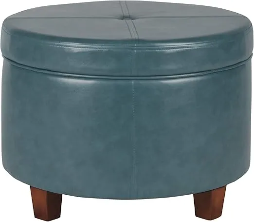 HomePop Round Leatherette Storage Ottoman with Lid, Teal