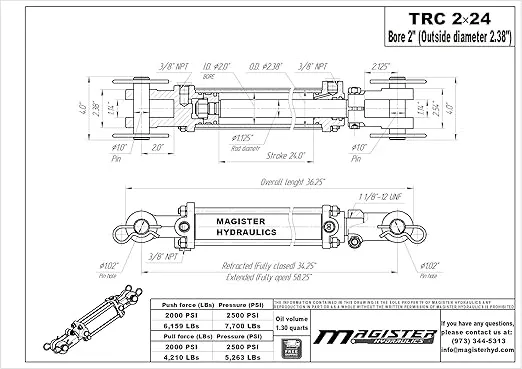 Magister Hydraulics Double Acting Hydraulic Cylinder - AG Tie-Rod Hydraulic Cylinder 2500 PSI Agriculture Standard 2" bore 24" Stroke (2x24)
