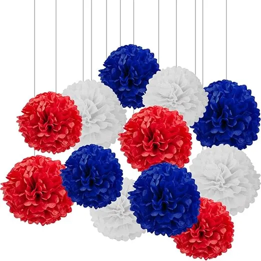 XIKSXITN 12 pc Red White and Blue Tissue Paper Pom poms-Hanging Paper Pom Poms Paper Flowers Ball for Party Decorative(10&12 inch)