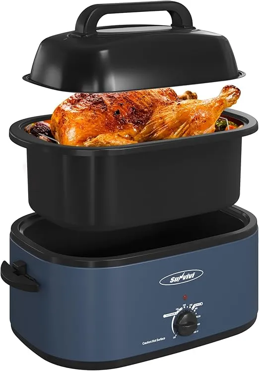 Sunvivi 26 Quart Electric Roaster Oven Turkey Roaster with Lid Electric Roasters with Removable Pan Large Roaster,Visible & Self-basting Lid, Fast Heating & Thaw/warming Setting,Dark Blue