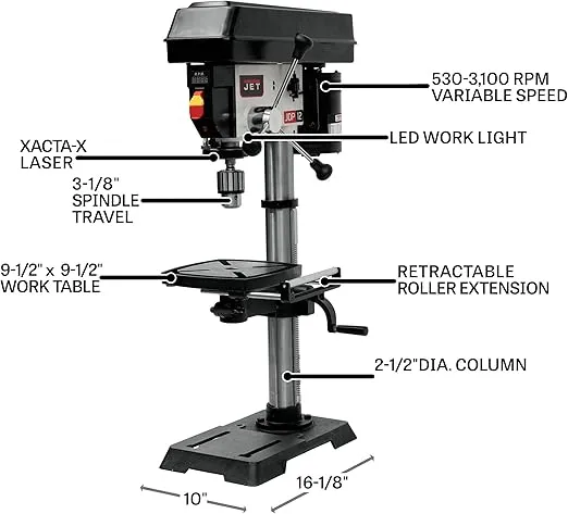 JET 12-Inch Variable-Speed Benchtop Drill Press, 1/2 HP, 1Ph 115V (Model JWDP-12)