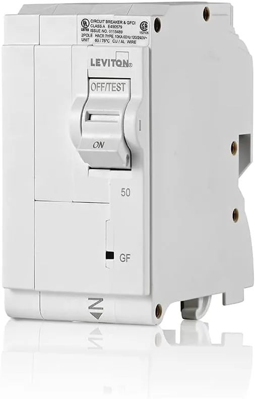 Leviton LB250-GF 50A 2-Pole Plug-On GFCI Branch Circuit Breaker, Hydraulic Magnetic, 120/240 VAC, White