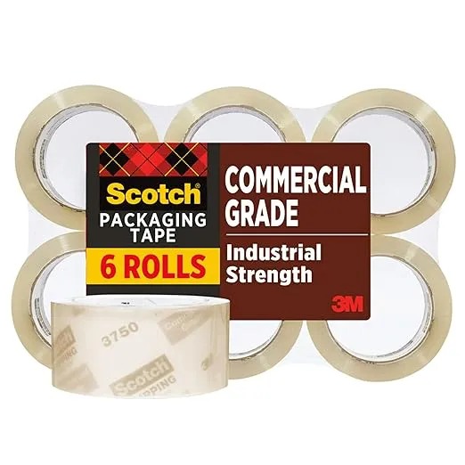 Scotch Commercial Grade Shipping Packaging Tape, 1.88" x 54.6 yd, Designed for Packing, Shipping and Mailing, Guaranteed to Stay Sealed, 3" Core, Clear, 6 Rolls (3750-6)