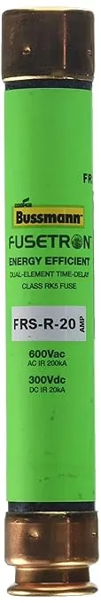 Bussmann FRS-R-20 Tron FRS-R Energy Efficient Non-Indicating Time Delay Fuse, 600 Vac/300 Vdc, 20 A , Green