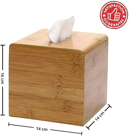 Performore Square Bamboo Tissue Box Cover - Stylish Water-Resistant Wooden Facial Tissue Holder for Bathroom, Office Desk & Nightstand - Compact 16"x14"x14" Design