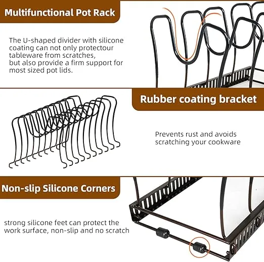 Pot Rack Organizer -Expandable Pot and Pan Organizer for Cabinet,Pot Lid Organizer Holder with 10 Adjustable Compartment for Kitchen Cabinet Cookware Baking Frying Rack Grey