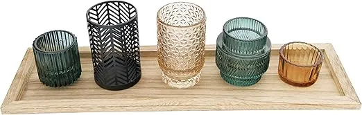 Bloomingville Embossed Glass & Metal Tealight/Votive Holders on Rectangle Wood Tray (Set of 6 Pieces)