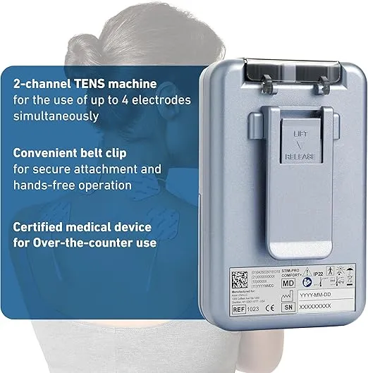 axion TENS Unit STIM-PRO Comfort - with 4 pcs of 2x2‘‘ Electrode Pads | TENS machine muscle and nerve stimulator for drug-free pain relief for sore and aching muscles like back pain