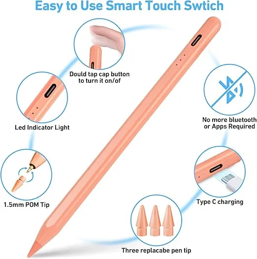 Stylus Pen for ipad, Active Pencil with Quick Charge, Palm Rejection Tilt Sensor, Apple Pen Compatible with 2018-2022 iPad Pro 11"/12.9",iPad 10/9/8/7/6,iPad Mini 5/6,iPad Air3/4/5-Light Orange