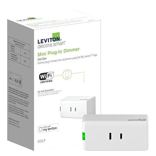 Leviton Decora Smart Dimmer Plug, Wi-Fi 2nd Gen, Works with Matter, My Leviton, Alexa, Google Assistant, Apple Home/Siri & Wire-Free Anywhere Companions for Switched Outlet, D23LP-2RW, White