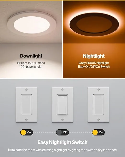Sunco 12 Pack 6 Inch Ultra Thin LED Recessed Ceiling Lights with Night Light, 1500 LM, Selectable CCT 2700K/3000K/4000K/5000K/6000K, Dimmable, 15W, Canless with Junction Box