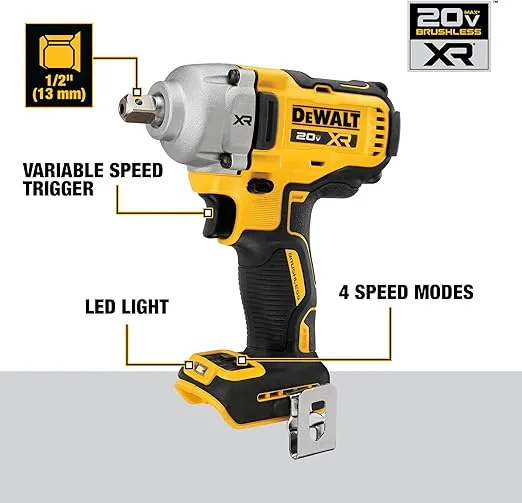 DEWALT 20V MAX XR Cordless Impact Wrench, 1/2", Includes Detent Pin Anvil and Belt Clip, Bare Tool Only (DCF892B)