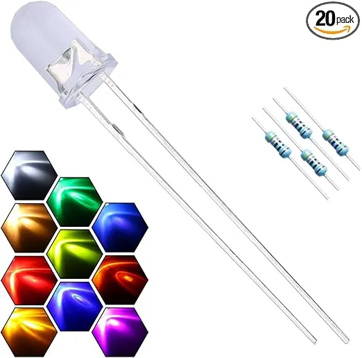 200pcs 10 Colors x 20pcs 5mm LED Light Emitting Diode Assorted Kit 29mm Lead Clear Round Lamp White Red Blue Green Yellow UV Bright LEDs Bulb +300pcs Resistors for DC 6-12V Lights