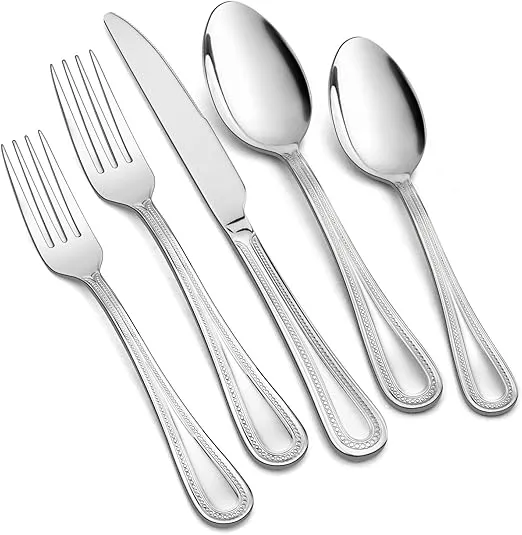 40-Piece Silverware Set for 8, E-far Stainless Steel Flatware Cutlery Set with Pearled Edge, Include Forks Spoons and Knives, Modern Tableware Eating Utensils for Kitchen Restaurant, Dishwasher Safe