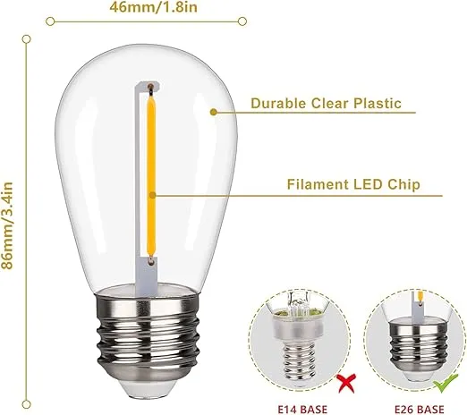Shatterproof & Waterproof S14 String Light Bulbs,Led Patio Lights Outdoor Waterproof Replacement Bulbs,S14 LED Bulb,Warm White 2200K,AC/120V,70LM,E26 Base, (24PACK)