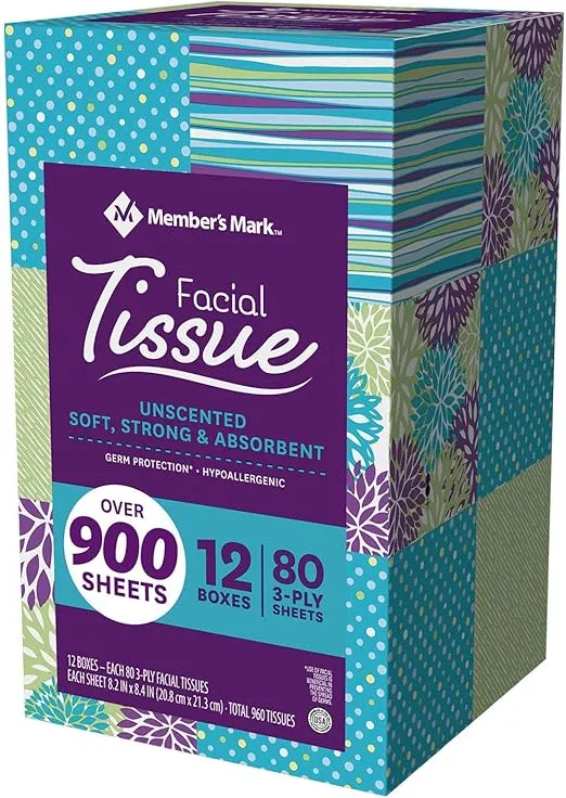 Member's Mark Member's Mark Ultra Soft Facial Tissues, 12 Cube Boxes, 80 3-ply Tissues Per Box (960 Tissues Total)