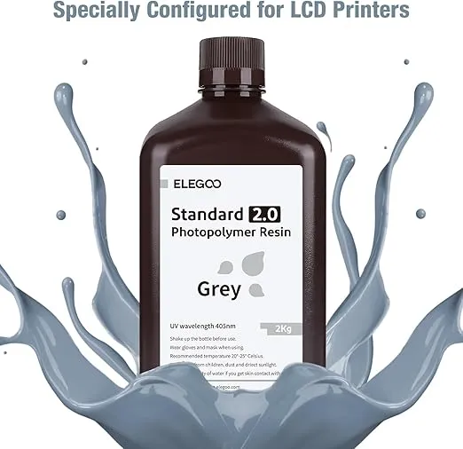 ELEGOO Upgraded Standard 3D Printer Resin, Photopolymer 405nm UV Curing Resin 2.0 for LCD/DLP 3D Printing Grey 2KG