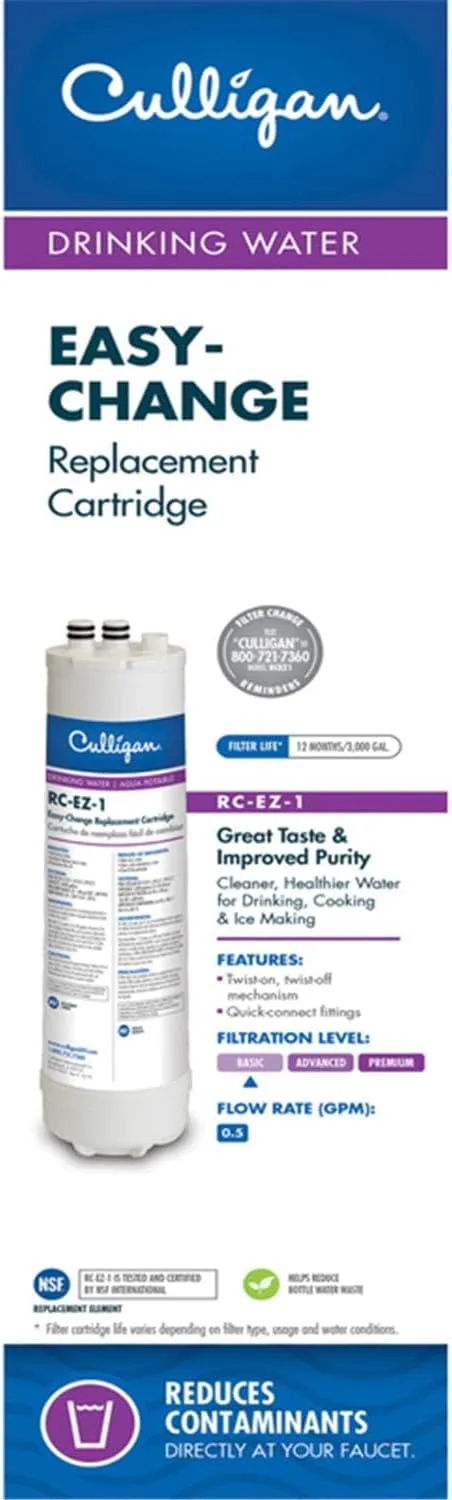 Culligan RC Change Basic Water Replacement Cartridge, 3,000 Gallons, EZ-1 (Good Filtration), Multi