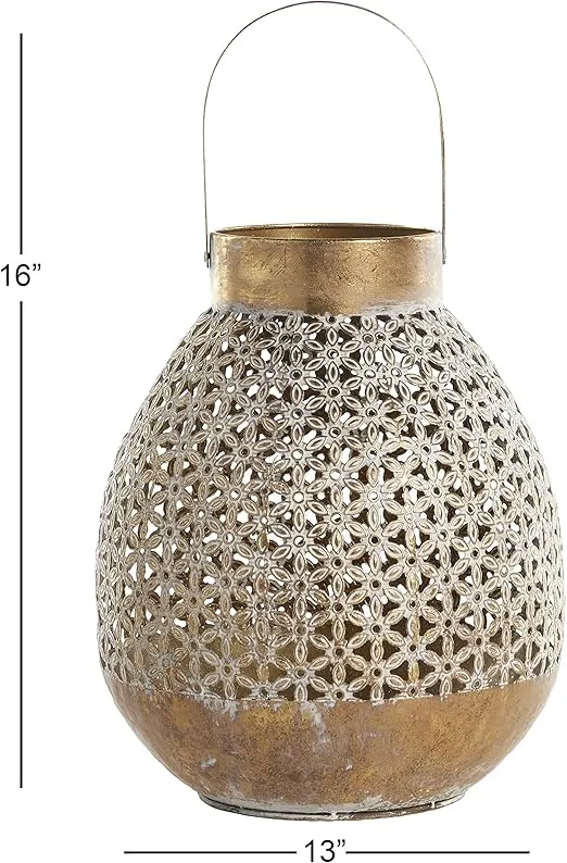 Deco 79 Metal Indoor Outdoor Candle Lantern Laser Cut Metal Decorative Lantern Candle Holder with Moroccan Pattern, Lantern 13" x 14" x 16", Gold