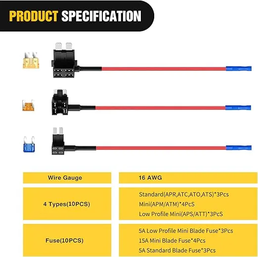 Nilight - 50040R 12V Car Add-a-Circuit Fuse Adapter with Standard and Mini TAP Profile TAP Blade Fuse for Cars Trucks Boats, 10 Pack Fuse Holder-3 types, 2 Years Warranty,Blue, Red, Black