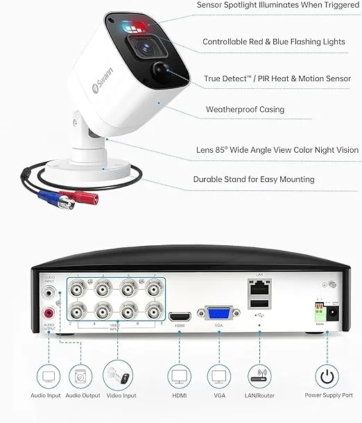 Swann Home Security Camera, 1080p DVR Bullet Surveillance Cameras with 1TB HDD, 8 Channel 8 Cam, Indoor Outdoor Wired Surveillance Camera, WiFi Dongle, Color Night Vision, Heat Motion Detection, LEDs
