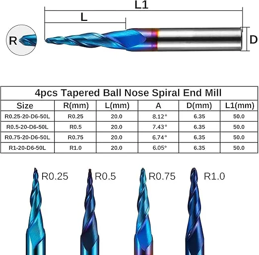 Genmitsu 4pcs 2-Flute Tapered Ball Nose Spiral End Mill, Nano Blue Coating Tungsten Carbide CNC Router Bits, 2D and 3D Engraving Carving Woodworking Bits, R0.25-1.0, 1/4'' Shank, TB04B