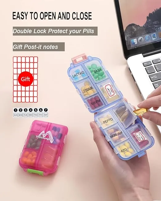 4PS Travel Pill Organizer with 164 Slice Labels,10 Compartments Travel Pill Box Portable Folding Small Pill Case Daily Pill Container Used for Carry Storage Medicine Organizer by M MUchengbao