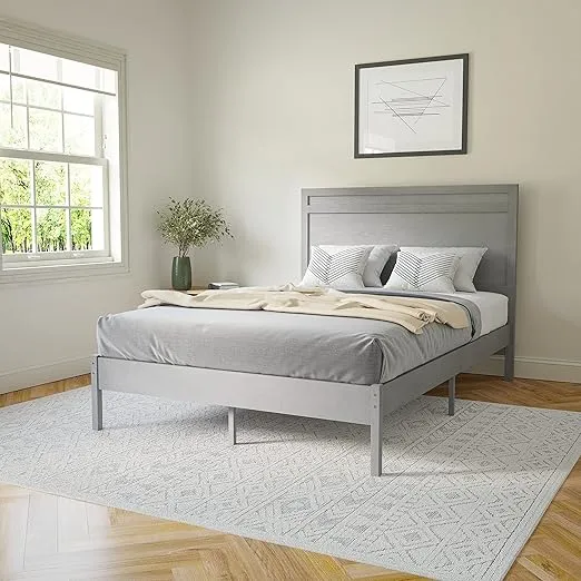 Flash Furniture Kingston Solid Wood Platform Bed with Wooden Slats and Headboard, No Box Spring Needed, Full Size, Gray