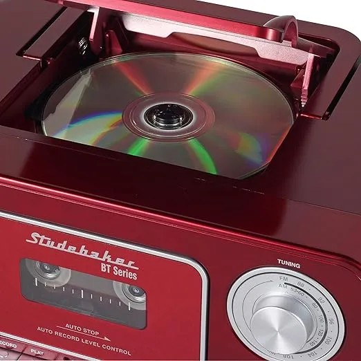 Portable Stereo CD Player with Bluetooth, AM/FM Stereo Radio and Cassette Player/Recorder (Red & Silver)