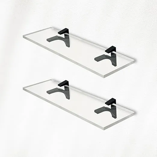 Fab Glass and Mirror Clear Acrylic Shelves 6" W x 16.5 L, 3/4" Thick Wall Mounted Transparent Acrylic Shelves for Bedroom, Living Room, Bathroom, Kitchen - Black Brackets, Pack of 2