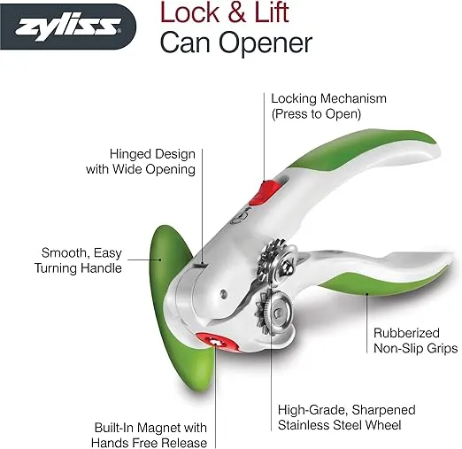 Zyliss Lock N' Lift Can Opener with Lid Lifter Magnet - Gifts for Cooks - Culinary Chef Gift - Manual Can Opener with Locking Mechanism - Magnetic Can Opener - Easy-to-Turn Can Opener - Green