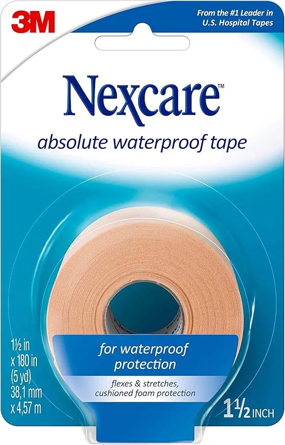 Nexcare Absolute Waterproof Tape, Flexible Foam Medical Tape, Secures Dressing and Keeps Wounds Dry - 1.5 in x 5 yds, 1 Roll of Tape