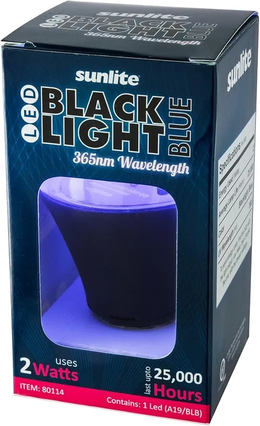 Sunlite 80114-SU LED A19 Black Light Bulb, 2 Watt, Medium Base (E26), 365nm Wavelength, Glow Parties, Blacklight Blue, Decoration, Special Effects, Security Applications, ETL Listed, 1 Pack