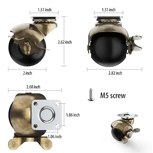 2 inch Antique Brass Ball Casters, Vintage Furniture Caster Wheels, Swivel Spherical Caster, Ball Casters Set of 4 for Furniture, Sofa, Coffee Table, Cabinet, Kitchen Cart