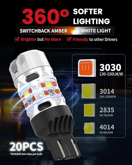 LASFIT T3 7443 Switchback LED Bulb for Toyota Camry SE/LE/TRD/L 2018-2025, 2025 SE/LE 7444 LED Front Turn Signal Light Parking Light 7444NA Built in Resistor 100% Error Free White Amber(2pcs)