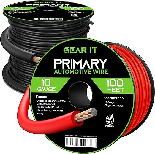 GearIT 10 Gauge Wire (100ft Each - Black/Red) Copper Clad Aluminum CCA - Primary Automotive Power/Ground for Battery Cable, Car Audio, Trailer Harness, Electrical - 200 Feet Total 10ga AWG Wire