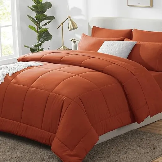 CozyLux Burnt Orange Comforter Set Queen 7 Pieces Burnt Orange Comforter Set Queen Bedding Sets with All Season Quilted Comforter, Flat Sheet, Fitted Sheet, Pillowcases