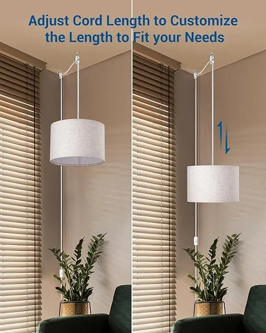 DEWENWILS Plug in Pendant Light, Hanging Light with 15Ft Clear Cord, On/Off Switch, Beige Linen Shade, Hanging Light Fixture for Bedroom, Kitchen, Living Room, Dining Table