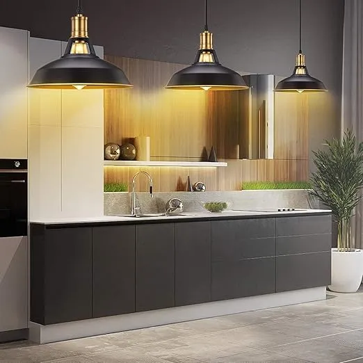Pynsseu Farmhouse Style Industrial Pendant Light, Vintage Barn Hanging Pendant Lighting, Modern Pendant Lamp Fixture 3 Pack, Oil Rubbed Black Finish