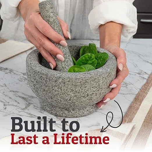 PriorityChef Extra Large Mortar and Pestle Set, Heavy Duty Natural Granite, Make Fresh Guacamole at Home, Solid Stone Grinder Bowl, Herb Crusher, Spice Grinder, 4 Cup Size, Unpolished Grey