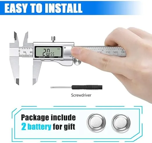 Digital Caliper Measuring Tool, Stainless Steel Vernier Caliper Digital Micrometer with Large LCD Screen, Easy Switch from Inch Metric Fraction, 6 Inch Caliper Tool for DIY/Household