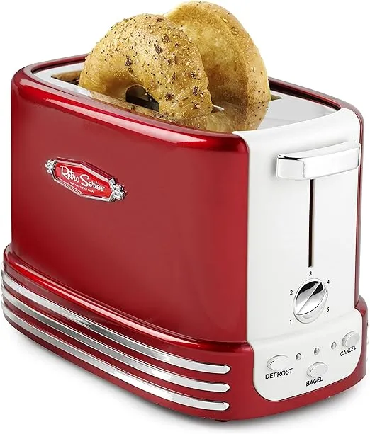 Nostalgia Retro Wide 2-Slice Toaster, Vintage Design With Crumb Tray, Cord Storage & 5 Toasting Levels, Red